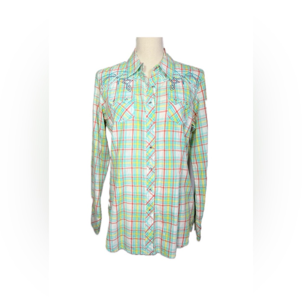 Ariat Plaid Snap Shirt L Western Pearl Snap Rhinestone Embroidered Multicolor